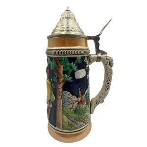 Vintage German Beer Stein Bavarian Scene Handcrafted Pewter Lid Ceramic Handle